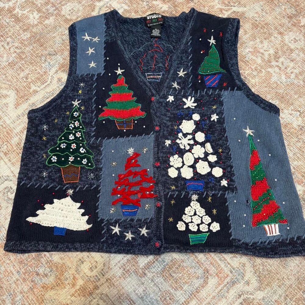 Vintage 90s Christmas Holiday Party Sweater Vest Embroidered Trees Snowflakes
